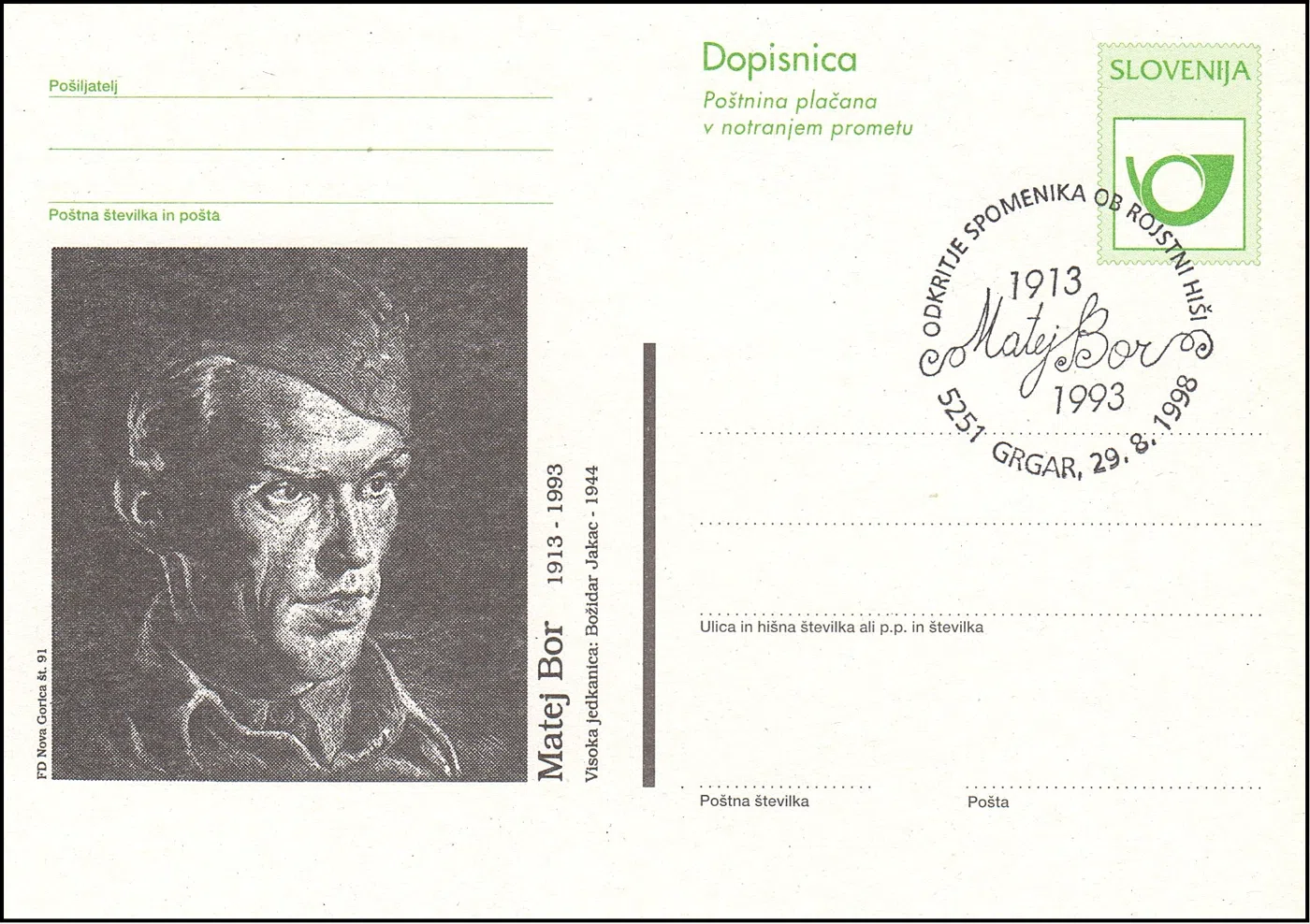 MATEJ BOR ODKRITJE SPOMENIKA OB ROJSTNI HIŠI 1913 - 1993